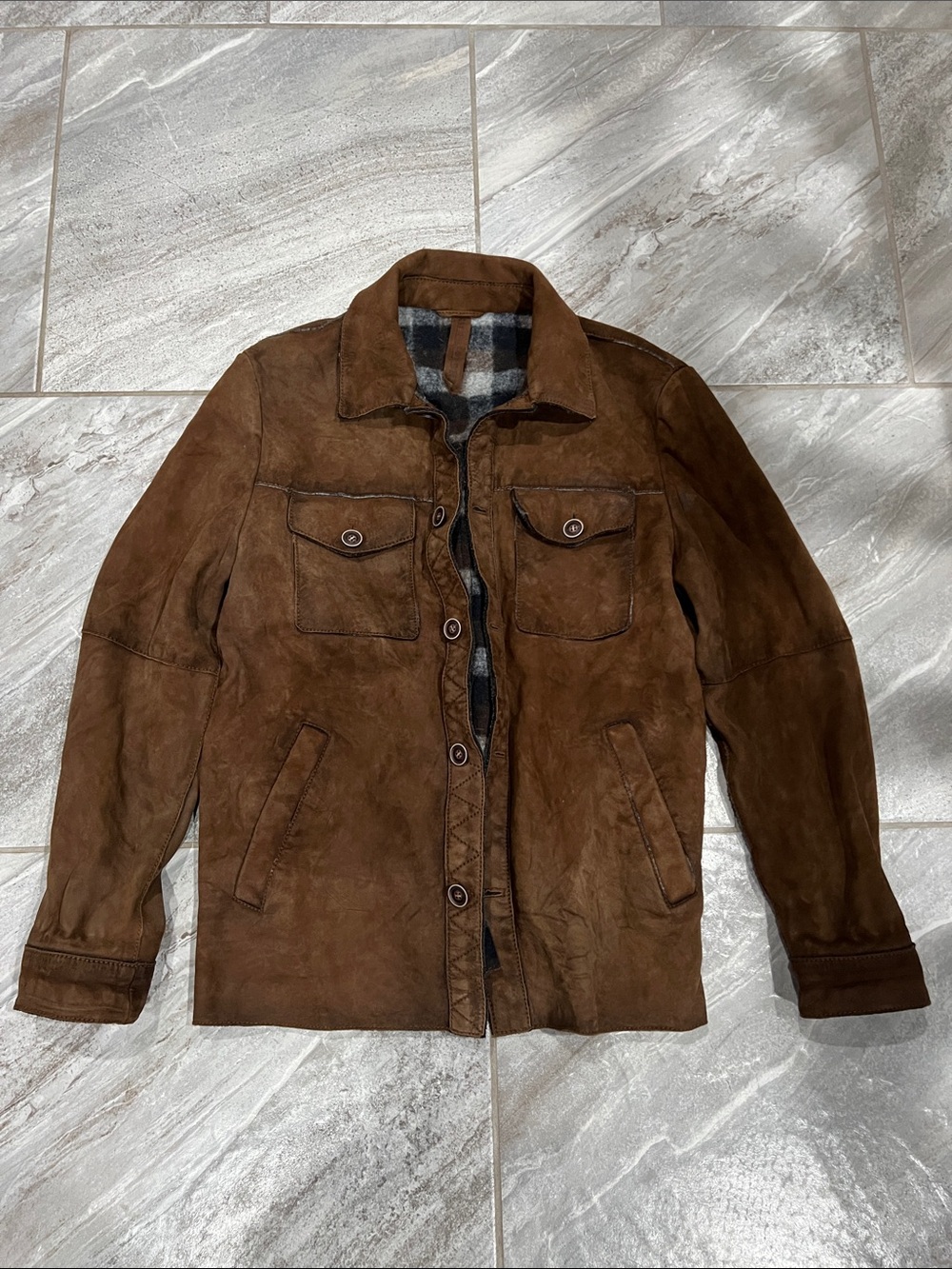 Men's Brown Suede Field Jacket with Plaid Lining
